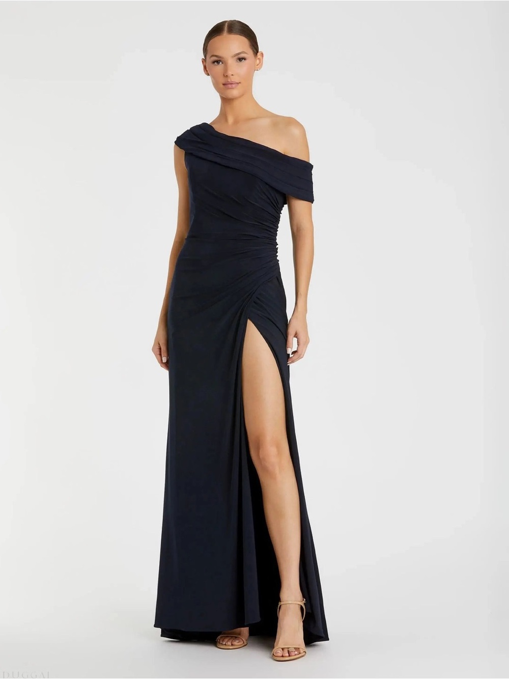 Mac Duggal IEENA Navy Off-the-Shoulder Ruched Slit Gown Size 12 NWT